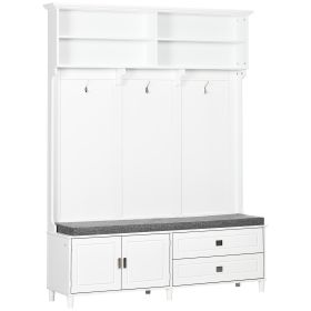 White Hall Tree with Storage Bench Entryway Coat Rack Accent Furniture with Shelves Cabinet Drawers for Hallway