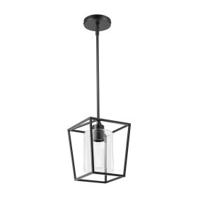 Black Farmhouse Iron Cage Pendant Light with Glass Shade