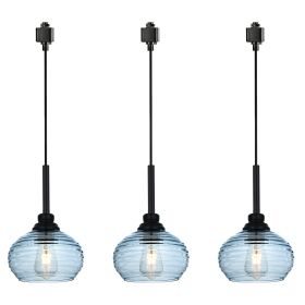 3-Light H-Type Track Pendant Light Fixture with Blue Water Ripple Glass Shade, Decorative Track Lighting Fixture for Kitchen Island Hallway, Black
