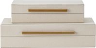 Set of 2 Beige Shagreen Decorative Storage Boxes with Gold Metal Handles – Faux Leather Jewelry Memory Boxes