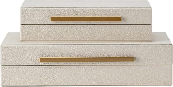 Set of 2 Beige Shagreen Decorative Storage Boxes with Gold Metal Handles – Faux Leather Jewelry Memory Boxes