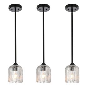 3-Pack Modern Pendant Light, Kitchen Island Dining Room Matte Black Crackled Glass Hanging Lamp