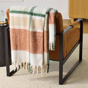 Faux Mohair Cozy Couch Throw Blanket Ivory Plaid, 50x72"