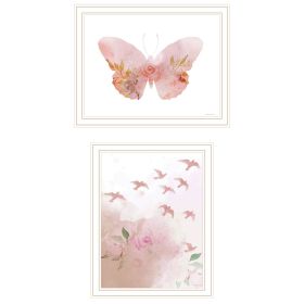 Trendy Decor 4U 2- Piece Vignette Meadow Flora Birds and Butterflies Framed Wall Art for Living Room, Abstract Wall Art Print for Home Decor