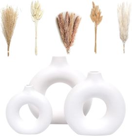 Set of 3 White Ceramic Vases with Pampas Grass Decor