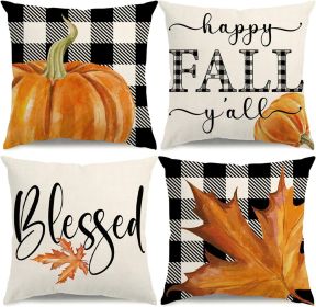 Fall Pillow Covers 18x18 Thanksgiving Farmhouse Decorations Buffalo Plaid Pumpkin Maple Leaf Outdoor Fall Decor Throw Pillow Covers Blessed Autumn Har