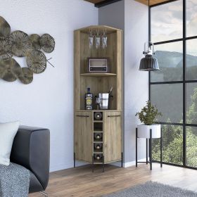 Hans Corner Bar Cabinet, Two Shelves, Five Built-in Wine Rack-Macadamia