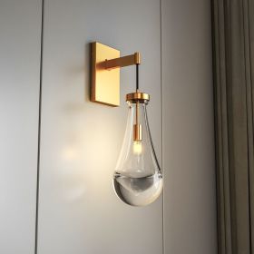 Brass Wall Sconce, Modern Raindrop Glass Shade, Dimmable LED E12 Bulb, Fits Bathroom, Vanity, Living Room, Brass, 1 Pack