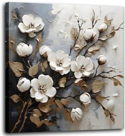 White Flower Canvas Wall Art with Gold Leaf
