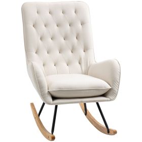 Mid-Century Fabric Rocking Chair Sofa Armchair Tufted Rocker Wingback Accent Chair with Rubber Wood Base for Home Studio, Cream White