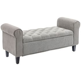 50 Inches Storage Ottoman Bench, End of Bed Storage Bench with Rolled Arms, Wood Legs, Button Tufted Storage Bench, Gray