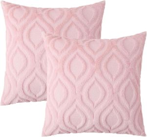 Summer Throw Pillow Covers 18x18 Inch Set of 2, Soft Plush Faux Wool Light Pink Solid Couch Pillow Covers
