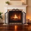3 Panel Fireplace Screen Foldable Spark Guard Cover with Decorative Scroll