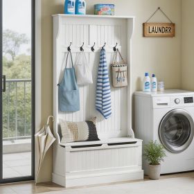 Cream White 3-In-1 Entryway Bench with Coat Rack Hall Tree with Bench And Shoe Storage 5 Hooks for Hallway