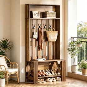 70.8 Inch Freestanding Hall Tree Coat Rack with Shoe Bench And Hooks Home Entryway Storage Organizer in Dark Brown Finish