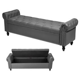 Button-Tufted Storage Ottoman Bench, Rolled Arm PU Leather Bench with Solid Wood Legs, Modern Shoe Benches Seat for Entryway
