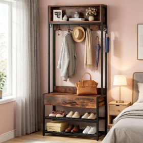 Industrial Style Hall Tree with Drawer And Hooks Entryway Shoe Bench Coat Rack for Living Room Bedroom Corridor Furniture