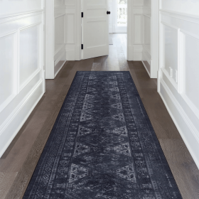 Maval Black Washable Rug 2'6'' X 10' Runner Rug (Black+Gray, 2'6'' X 10')