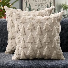 DFXSZ Christmas Tree Pillow Covers 18x18 inch Set of 2 Christmas Decoration Beige Soft Plush Faux Fur Jacquard Throw Pillows for Bedroom Sofa Holiday