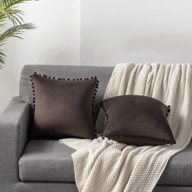 Decorative Pillow Cases 22x22 Brown: 2 Pack Cozy Soft Pom-poms Velvet Square Throw Pillow Covers for Farmhouse Home Decor