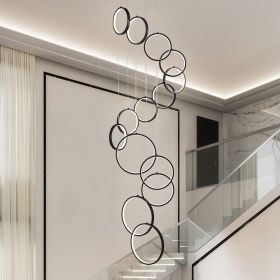 14 Ring High Ceiling Chandelier Foyer, Black Modern LED Large Staircase Long Chandeliers Light Fixture with Remote for Entryway Living Room