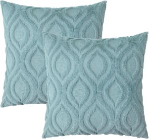 Summer Throw Pillow Covers 18x18 Inch Set of 2, Soft Plush Faux Wool Aqua Solid Couch Pillow Covers
