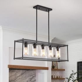 Black Dining Room Light Fixture, 5-Lights Modern Rectangular Chandelier with Clear Glass Shades