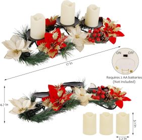 Christmas Poinsettia Candle Holder Centerpiece with 3 Flameless Candles