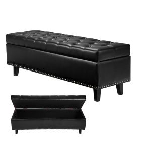 Button-Tufted Storage Ottoman Bench, PU Leather Bench with Storage and Solid Wood Legs, Modern Shoe Benches Seat for Entryway
