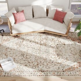 Area Rug 8X10, Machine Washable Rug, Non-Slip Classical Floral Print Floor Carpet For Living Room, Bedroom, Mixed-Brown
