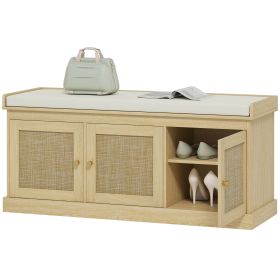 Shoe Storage Bench with Woven Rattan Doors, Shoe Bench with Cushion, Adjustable Shelves, Entryway Bench, Oak Tone