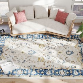 Machine Washable Area Rug 8X10, Non-Slip Boho Floral Print Floor Carpet For Living Room, Bedroom, Dining Room, Blue