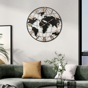 36" Black Metal World Map Wall Clock with Gold Numbers