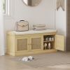 Shoe Storage Bench with Woven Rattan Doors, Shoe Bench with Cushion, Adjustable Shelves, Entryway Bench, Oak Tone