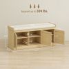 Shoe Storage Bench with Woven Rattan Doors, Shoe Bench with Cushion, Adjustable Shelves, Entryway Bench, Oak Tone