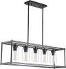 Black Dining Room Light Fixture, 5-Lights Modern Rectangular Chandelier with Clear Glass Shades