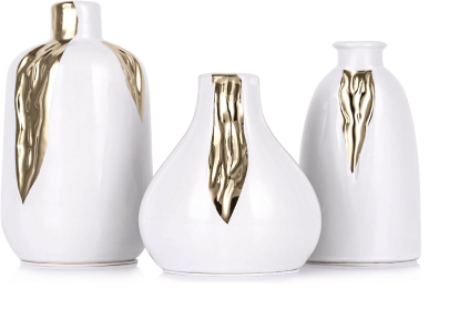 White and Gold Mini Ceramic Vase Set of 3, Small Ceramic Vase Set for Decorative, Bud Vases for Centerpieces Nightstand Kitchen