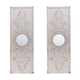 Set of 2 Large Wooden Wall Art Panels with Distressed White Finish and Round Mirror Accents,17" x 48"