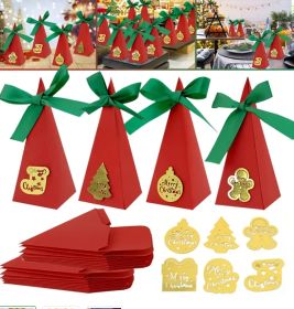20PCS Christmas Candy Boxes 4 Styles Christmas Treat Gift Boxes Cute DIY Paper Box With Ribbon Triangle Sweet Boxes For Birthday Christmas Party (Color: Red)