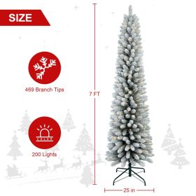 5FT 6FT 7FT Pre-Lit Flocked Pencil Christmas Tree, Artificial Fir Snow Slim Skinny Christmas Tree For Home, Office, Party Decoration WITH Branch (Option: 7tf)