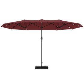 Garden Parasol 14.4ft Double-Sided Sun Umbrella With Base, Patio Parasol With LED Solar Lights, Wine Red (Color: Wine Red)