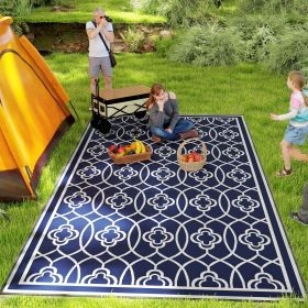 Reversible Outdoor Rug, Waterproof Plastic Straw With Carry Bag, 9 X 18, Blue & White Lantern (Color: Blue)
