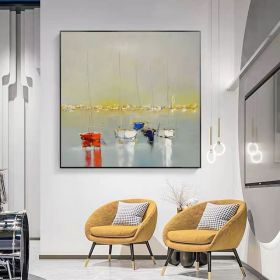 Ocean Wall Art Canvas Oil Painting Sunrise Bathroom Handmade Boat Landscape Posters Picture for Bedroom Beach House Decor (size: 80x80cm)