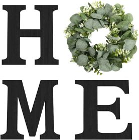Wood Home Sign with Artificial Eucalyptus Wreath for O, Hanging Farmhouse Wall House Decor Wood Letters for Wall Art Rustic Home Decor (Color: Black + Eucalyptus)