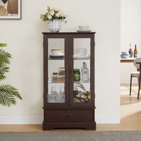 Glass Cabinet Lighted Glass Cabinet Curio Display Cabinet with Adjustable Glass Shelves 2 Doors and 1 drawer Cabinet Bulb Included Cherry (Material: MDF+glass, Color: Cherry)