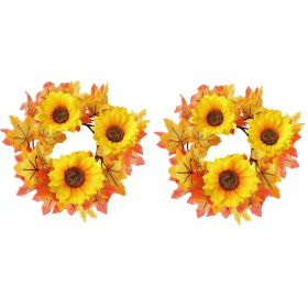 2 Pcs Fall Candle Rings Artificial Maple Leaves Autumn Harvest Wreath Orange Sunflowers Floral Decoration for Farmhouse Festive Thanksgiving Halloween (Patterns: Sunflower)